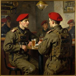 modern red berets soldiers inside of a pub, painting by toulouse - lautrec, by valentin serov tretiakov gallery, soldiers wearing tactical clothing, 2 1 st century, cinematic, award winning