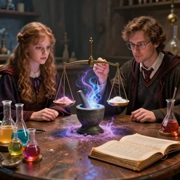 hyper realistic, table, wizards laboratory, lisa parker, tony sart, mortar, pestle, scales with magic powder, energy flowing, magic book, beakers of colored liquid, greg rutkowski