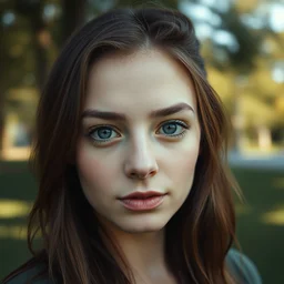 a photograph of a young woman in a park, dof, sharp focus, highly detailed face, symmetric face, realistic iris, cinestill 8 0 0 t, photography by nora lorek