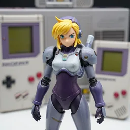 humanoid mech figurine helmet shot portrait. shallow depth of field. suit of armor. samus aran's varia suit in the style of a 1 9 8 0 s grey aged cassette tape player, a gameboy dmg - 0 1 classic, as well as the handyboy, konami hyperboy, saitek boosterboy accessories. cyberdeck.