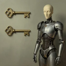 psy key to glitch switches, cyborg armor, art by art rene magritte
