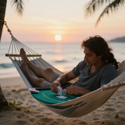 a man chilling on a hammock on the beach playing poker, highly detailed, sunset, sea in background, soft light, bokeh, 9 0 mm, f / 1. 4