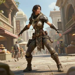 action pose reference, procedurally generated, epic post apocalyptic hermit character, costume design from shopping mall, ancient city streets behind her, substance designer, PBR, HD, Ultra detailed, hyperrealistic, megascans, volumetric light, concept by master artist, good looking face, natural light, crazy angle