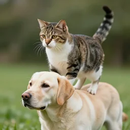 cat riding a labrador