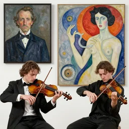 two violin young violin players din distress, francis bacon and pat steir and nicolas party and hilma af klint, james jean, psychological, intriguing details, altermodern