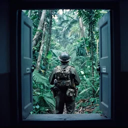film still, extreme far view, omar from the wire, jungle, vietnam door gunner, apocalypse now, associated press,, 2 6 mm, kodak ektachrome, blue tint expired film,