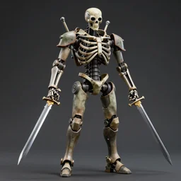 skeletal android, swords for arms, military prototype, photography