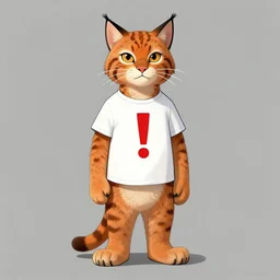 male bobcat alien with orange fur and a white t - shirt with a red exclamation mark, full body, art by artgerm and greg rutkowski and alphonse mucha