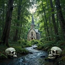 a photo of a dream world, forest, river, skull, church