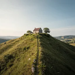 a cottage on top of a steep hill, greg rutkowski, zabrocki, karlkka, jayison devadas, trending on artstation, 8 k, ultra wide angle, zenith view, pincushion lens effect