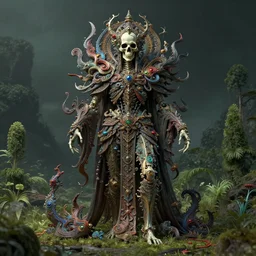 ancient dead god being in desolate and lush landscape, moody :: by James Jean, Jeff Koons, Dan McPharlin Daniel Merrian :: ornate, dynamic, particulate, rich colors, intricate, elegant, highly detailed, centered, artstation, smooth, sharp focus, octane render, 3d
