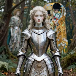 a masterpiece ultradetailed portrait of a beautiful girl in beautiful armor. baroque renaissance. in forest. medium shot, intricate, elegant, highly detailed. trending on artstation, digital art, by stanley artgerm lau, wlop, rossdraws, james jean, andrei riabovitchev, marc simonetti, yoshitaka amano. background by james jean and gustav klimt, light by julie bell, 4 k, porcelain skin.