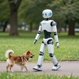robot walking its pet human in the park