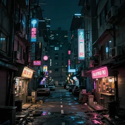 cyberpunk street at night with shops and bars, many neons, shady, dirty, poor, futuristic