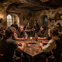 inside medieval tavern with angry people