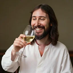 jesus drinks happy a glass wine