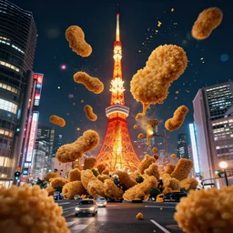 A beautiful wide shot of Chicken Nuggets destroying the night city of Tokyo, cinematic, anamorphic 35 mm lens, cinematic, anamorphic lens flares 4k