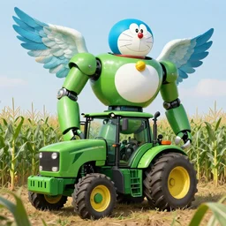 green agricultural transformers with doraemon face and wings in the corn field, the upper body of fledged bodybuilder, taller than human, droid, robots, humanoid, farming, highly detailed, digital painting, feathers, agricultural tractor, artstation, concept art, smooth, sharp focus, illustration, art by artgerm and greg rutkowski, unreal engine
