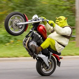 shrek riding a motorcycle, wheelie