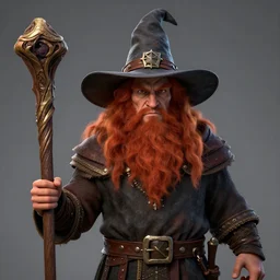 realistic portrait of a red headed wild magic sorcerer dwarf wearing a wizard hat and holding a staff, 3d scene, render, ultra realistic, zenith view, Greg Rutkowski, artstation, cgsociety, level design, unreal engine, 3d scene, render, ultra realistic, zenith view, Enki Bilal style