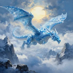 A highly detailed fantasy concept art matte oil painting by Greg Rutkowski and Thomas Kinkade of a very realistic, huge ancient ice dragon with lots of crystal blue scales, flying through the clouds over some tall snowy and icy mountains with lots of rocks in the early morning with the sun blocked by all the clouds, light blue and dark blue color scheme.