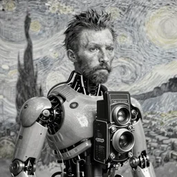 photo of a cyborg as a vincent van gogh lookalike by diane arbus, black and white, high contrast, rolleiflex, 5 5 mm f / 4 lens