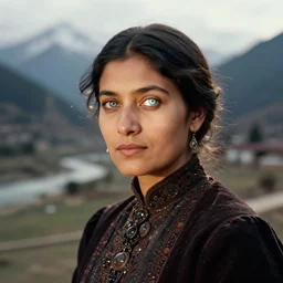 hyper realistic and detailed vintage portrait photo of a beautiful beautifully lit nepalese Victorian woman with stunning reflective eyes in a himalayan valley by annie leibovitz