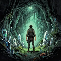an adventurer in a lovecraftian eldritch cave with crystals and plants. this ink painting by the award - winning cartoonist has dramatic lighting, an interesting color scheme and great sense of depth.