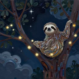 beautiful dark night with many stars and clouds, a cute sloth on a tree!! with string lights, everything!! made of thick flowing dramatic paint brush strokes, stylish abstract impressionism, matte colors, trending on artstation