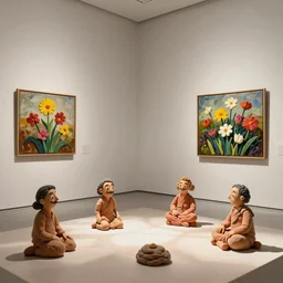plasticine sculpture stop motion. salvador dali clay models. gallery. paintings of flowers. room with small hole in wall. minimal. visitors. photorealistic. john craxton.