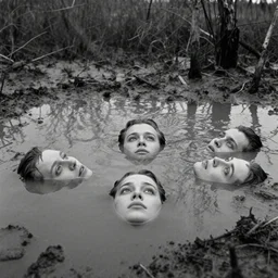 movie still by tarkovsky of faces that are floating in a mud pond, swamp backround, cinestill 8 0 0 t 3 5 mm b & w, heavy grain, high quality, noir, natural textures, photorealistic, ambient occlusion, hd, ultra wide lens, anamorphic, eyes