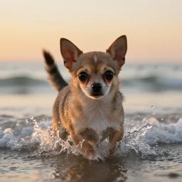 a closeup photorealistic photograph of a cute kitten - chihuahua hybrid splashing in the surf during sunset. professional capture, well lit shot. this 4 k hd image is trending on artstation, featured on behance, well - rendered, extra crisp, features intricate detail, epic composition and the style of unreal engine.