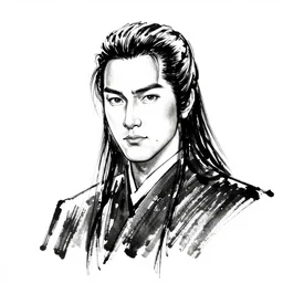 male samurai with long hair, character portrait, ink drawing, black and white, concept art by tim bradstreet