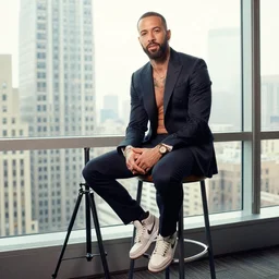 a photo portrait of a hipster creative executive, thin but muscular, tattoos peeking, short beard, sitting on high stool, speaking to camera on a tripod, wearing a custom suit and custom jordan shoes, skyscraper view out the window, by annie leibovitz