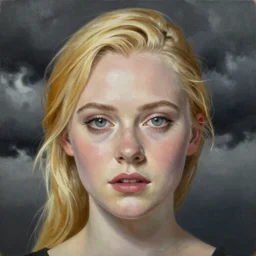 professional painting of Elle Fanning in the style of Naomi Okubo, head and shoulders portrait, symmetrical facial features, smooth, sharp focus, illustration, intricate, stormy weather, extremely detailed masterpiece,