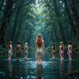 forest nymph rising from the water. view from behind, wide angle view, back view. nuri iyem, james gurney, james jean, greg rutkowski, anato finnstark, davinci, emma watson, gigachad. trending on artstation, starlight, and enchanted dreams. instagram, instagram photo shoot, sigma 3 5 mm