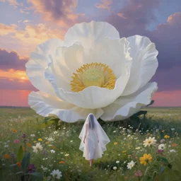 giant white flower head, veil girl walking in a flower field, surreal photography, sunrise, dramatic light, impressionist painting, colorful clouds, digital painting, artstation, simon stalenhag