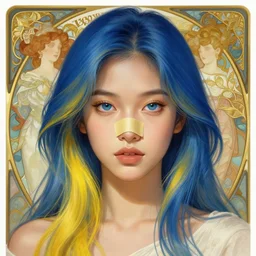 filipino girl blue - yellow hair nasal strip, intricate, elegant, highly detailed, my rendition, digital painting, artstation, concept art, smooth, sharp focus, illustration, art by artgerm and greg rutkowski and alphonse mucha and uang guangjian and gil elvgren and sachin teng, symmetry!!