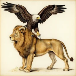 human / eagle / lion / ox hybrid. horns, beak, mane, human body. drawn by da vinci