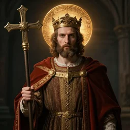 portrait of king stephen of hungary with a halo behind his head, he's holding a cross shaped staff 4 k, concept art, by wlop, ilya kuvshinov, artgerm, krenz cushart, greg rutkowski, pixiv. cinematic dramatic atmosphere, sharp focus, volumetric lighting, cinematic lighting, studio quality