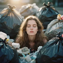 a vintage analog head and shoulder frontal face portrait photography of a beautiful woman surrounded by trash bags and garbage by alex prager. long hair. vogue. closed eyes. kodak portra 8 0 0 film. shallow depth of field. ( depth of field ). whirl bokeh!!. golden hour. detailed. hq. realistic. warm light. muted colors. filmic. dreamy. lens flare. mamiya 7 ii, f / 1. 2, symmetrical balance, in - frame