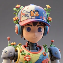 colourful - 3 d vfx art - portrait of a mecha robot wearing a baseball cap with vines & flowers growing from under the cap, art style by tenmyouya hisashi & utagawa kunisada, character concept art, unreal engine render, digital illustration, claymation, sharp, intricate detail, volumetric light, ray tracing, soft light, symmetric, pinterest, artstation, behance,
