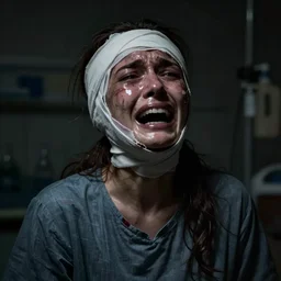 a portrait of a female mental asylum hospital patient ripped with pain and anguish and terror in the darkness, crying, torn, extreme sadness, hopeless, bandaged head and face, very dark, depressing, grim, moody, atmospheric lighting, cinematic lighting, expressive, by dave mckean