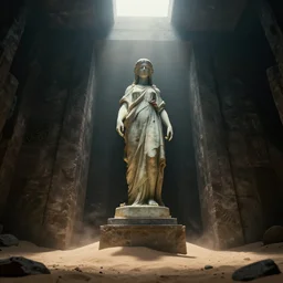 200 m tall statue of woman in the sand above the huge entrance to the crypt. Dark shadows. Sun rays, god rays, lens flares. Cinematic, ArtStation, realistic photograph, ambient, dark shades, Unreal Engine 5, rendered by Octane.