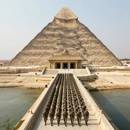 wide establishing shot of many soliders marching in formation on a bridge leading to a gigantic pyramid temple, aerial symmetrical view, by martin deschambault