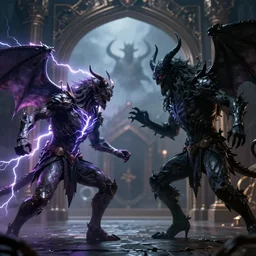 a lightning demon fighting a shadow demon at the gates of hell, greg rutkowski, 8 k, shallow depth of field, moody lighting, ultra high detail, concept art,