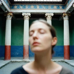 ( ( out of focus ) ), head to shoulders woman, photography by saul leiter and ernst haas in a decorated pompeii peristylium, tea green, airforce blue, red, pale skin, closed eyes