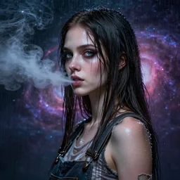 grungy goth woman, soft eyes and narrow chin, dainty figure, long hair straight down, torn overalls, nebula background, side boob, blows smoke, wet shirt, wet, raining, highly detailed face, realistic face, beautiful detailed eyes, fantasy art, in the style of greg rutkowski, illustration, epic, fantasy, intricate, hyper detailed, artstation, concept art, smooth, sharp focus, ray tracing, vibrant,