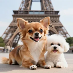 a photorealistic closeup image of a cute brown colored long haired chihuahua cocker spaniel dog with an adorable smiling white bichon frise dog in paris laying in front of the eiffel tower. brightly lit. extreme detail. 4 k hd unreal engine