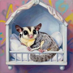 beautiful painting of a hiphop graffiti sugar glider chilling in his crib, by sherree valentine daines, peter mohrbacher, alice neel, donato giancola, mike winkelmann, laurie greasley. trending on artstation, 8 k, masterpiece, graffiti, fine detail, full of color, intricate detail, golden ratio illustration